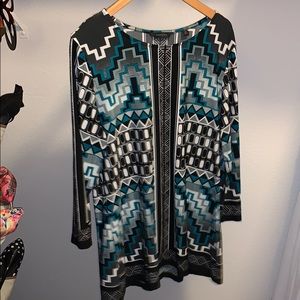 Black white and teal geometric shirt